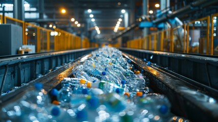 Poster - Plastic bottles are being processed on a conveyor belt at a recycling facility, with machinery operating and bright lights illuminating the workspace in the background.