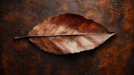 Poster - A single, dried brown leaf rests on a textured, dark brown surface. Autumnal still life photography. Autumnal Still Life: A Dried Leaf on a Rustic Background