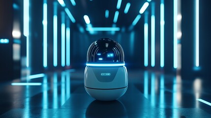 Poster - Futuristic Robot Design in a Modern Blue Neon Corridor Futuristic Technology Artificial Intelligence Smart Robot Dome Shaped Device Digital Innovation