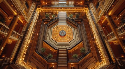 Wall Mural - An aerial view showcases a clock situated within a building, accentuated by an elegant staircase leading to various levels.