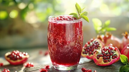 Poster - A fresh pomegranate sitting on a wooden table, great for food and drink photography or as a prop for still life scenes