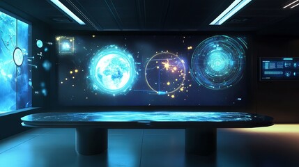 Poster - Futuristic Technology Room Interactive Table Digital World Map Global Network Data Visualization Advanced Interface Screen Display Modern Office Space