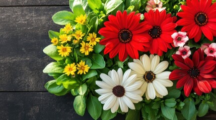 Canvas Print - A vibrant arrangement of assorted flowers in a vase, gracefully displayed on a wooden table, showcasing a variety of colors and types.