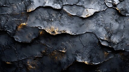Poster - Abstract dark rock texture with hints of gold. Intricate details and shadows create a dramatic effect. Dark Abstract Rock Formation: A Textured Masterpiece