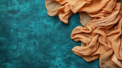 Wall Mural - A detailed close-up view of textured cloth resting on a vibrant blue surface, showcasing fabric intricacies and color contrast.