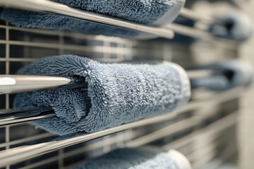 Poster - A row of towels hanging on a bathroom rack, ready for use
