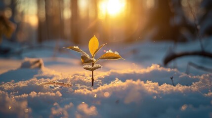 Aufkleber - Resilient Plant Emerging from Winter Snow at Sunrise