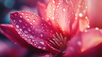 Canvas Print - A close-up of a pink flower with water droplets glistening on its petals, ideal for use in designs about nature, beauty, and simplicity