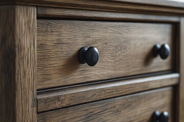 Poster - Close-up view of a wooden dresser with black decorative knobs, suitable for interior design or furniture-related projects