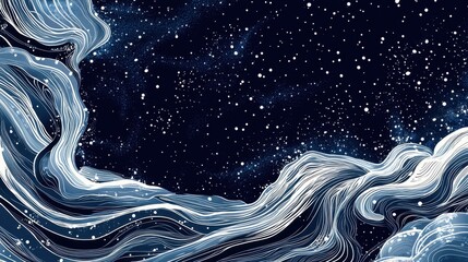 Poster - a painting of a snowy night sky with a long, curving wave in the water