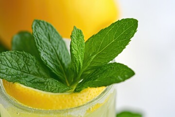 Poster - A glass containing a beverage with a leaf placed on top, great for travel or outdoor uses