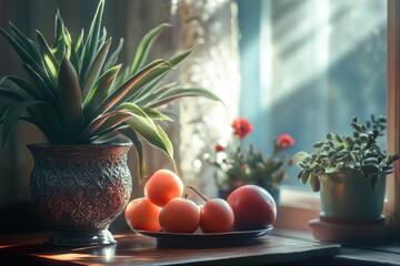 Poster - A bowl of fruit sits next to a window, perfect for use in food or home decor photography
