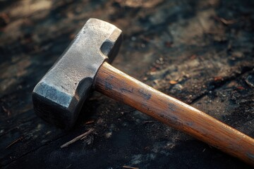 Sticker - A close-up view of a hammer lying on the ground, useful for various contexts such as construction or DIY projects