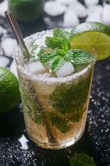Poster - A close-up view of a refreshing drink in a glass with a straw, perfect for capturing the moment when you need a break