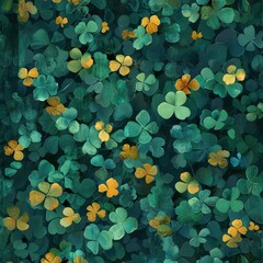 Aufkleber - Seamless Pattern of Green and Gold Clover Leaves Lush Detailed Botanical Illustration