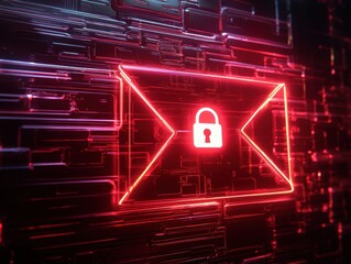 Fototapete - Secure Digital Message Abstract Red Glowing Envelope with Padlock Icon on Dark Glitch Background