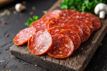 Wall Mural - Freshly sliced salami arranged on a wooden cutting board, ideal for sandwich making or charcuterie platter