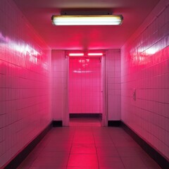 Poster - A long hallway with a bright red light at its center