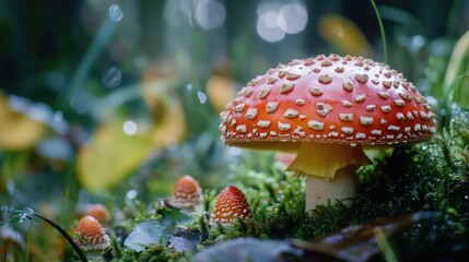 Poster - A group of mushrooms growing on a lush green field, great for environmental or nature-themed projects