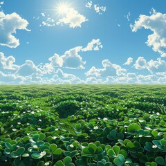 Aufkleber - Serene landscape of vibrant green water lilies under a sunny sky