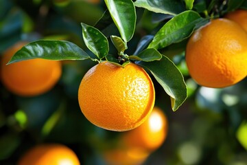 Poster - Fresh oranges hanging from a tree branch, great for food or decoration