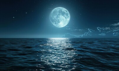 Poster - Serene Night Scene with Full Moon Reflecting on Calm Ocean Waters