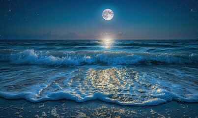 Poster - Serene Nightscape of Ocean Waves under a Full Moon and Starlit Sky