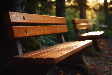 Poster - A wooden bench in a dense forest, perfect for a picnic or relaxation