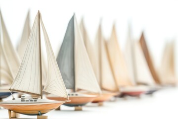 Wall Mural - A collection of small wooden sailboats on a white surface