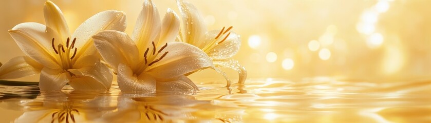 Sticker - Serene White Lilies with Dew Drops Reflecting in Golden Water