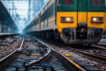 Aufkleber - Train traveling down tracks with green and yellow colors