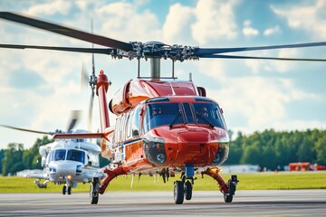 Poster - A red helicopter sits on the edge of an airport runway, ready for takeoff