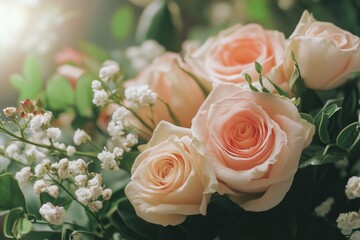 Poster - A beautiful bouquet of pink roses surrounded by baby's breath, perfect for romantic occasions or special gifts