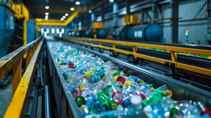 Aufkleber - Plastic bottles are being sorted on a conveyor belt in a recycling facility. Workers oversee the process, ensuring efficient separation for future reuse and sustainability in waste management.