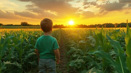 Canvas Print - A young boy stands in a corn field, gazing at the sun, surrounded by tall corn stalks under a bright blue sky, capturing a moment of innocence and nature.