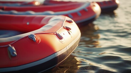 Poster - A row of inflatable boats floating on the surface of a peaceful lake, perfect for relaxation or recreation