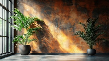 Wall Mural - Lush indoor plants in modern pots casting shadows on a textured orange wall in a sunlit room