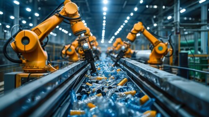 Fototapete - Advanced robotic arms work diligently to separate and sort plastic bottles on a conveyor belt in a recycling facility. The environment is bright with artificial lighting.