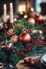 Poster - A festive Christmas table setting with candles, ornaments, and decorations