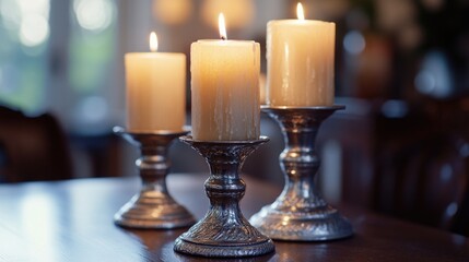 Poster - Three candles sit on a wooden table, creating a warm and cozy atmosphere