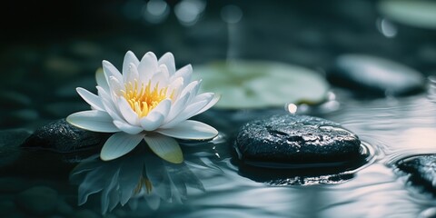 Aufkleber - A single white flower sits atop a dark gray or black rock, making for a striking contrast