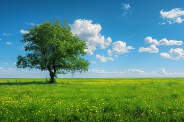 Aufkleber - Solitary Tree in a Vibrant Wildflower Meadow under a Sunny Sky