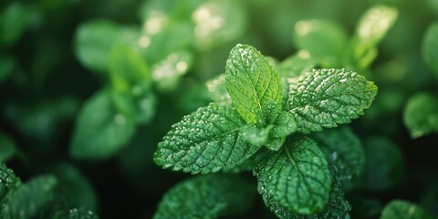 Poster - A close-up shot of a leafy plant with water droplets glistening on its surface