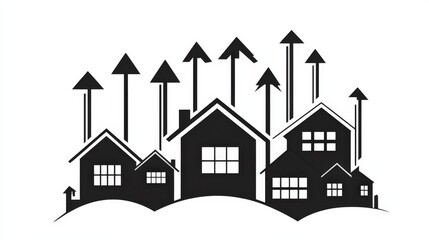 Poster - abstract illustration of growing houses with arrows indicating upward trends in real estate market