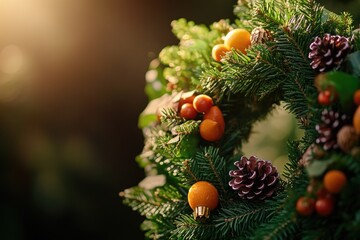 Poster - Close-up view of a decorative wreath made with pine cones and berries, perfect for seasonal decoration or gift wrapping