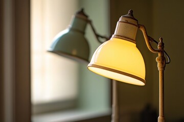 Poster - A lamp sits on a table in front of a window, providing soft light