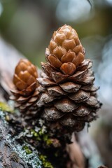 Poster - A close-up shot of a pine cone attached to a tree branch, perfect for nature and outdoor-themed projects
