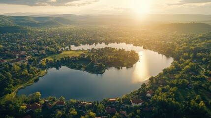 Wall Mural - Aerial view of a tranquil lake encircled by lush trees and a quaint town, showcasing the beauty of nature and human settlement in harmony.