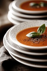 Poster - A close-up shot of a plate of warm, savory soup with various ingredients and garnishes