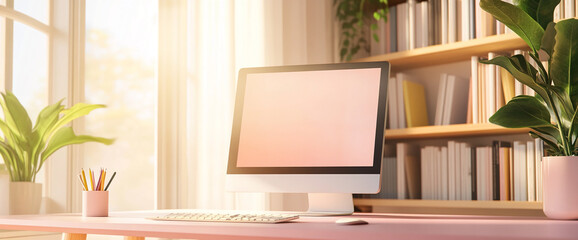 Poster - A modern home office setup with a desktop computer, colorful pencils, and indoor plants on a light pink desk, symbolizing creativity, productivity, and a comfortable workspace.
